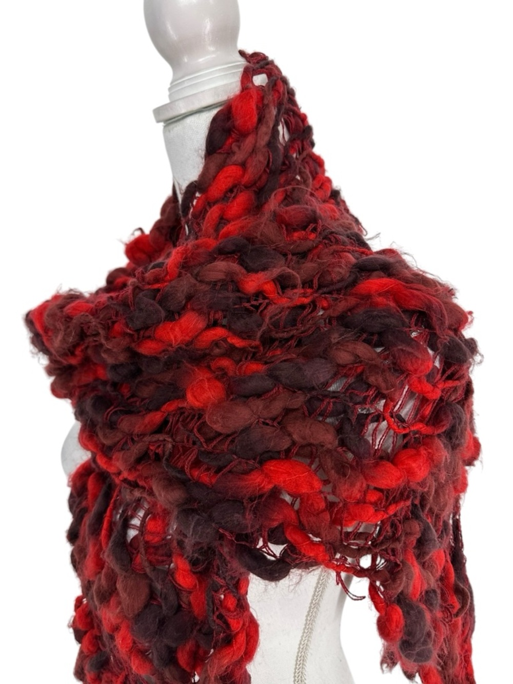 BDG / Red & Black Extra Fluffy Crochet Scarf Wrap Fringe Detail / Emo Goth Indie - Picture 3 of 6